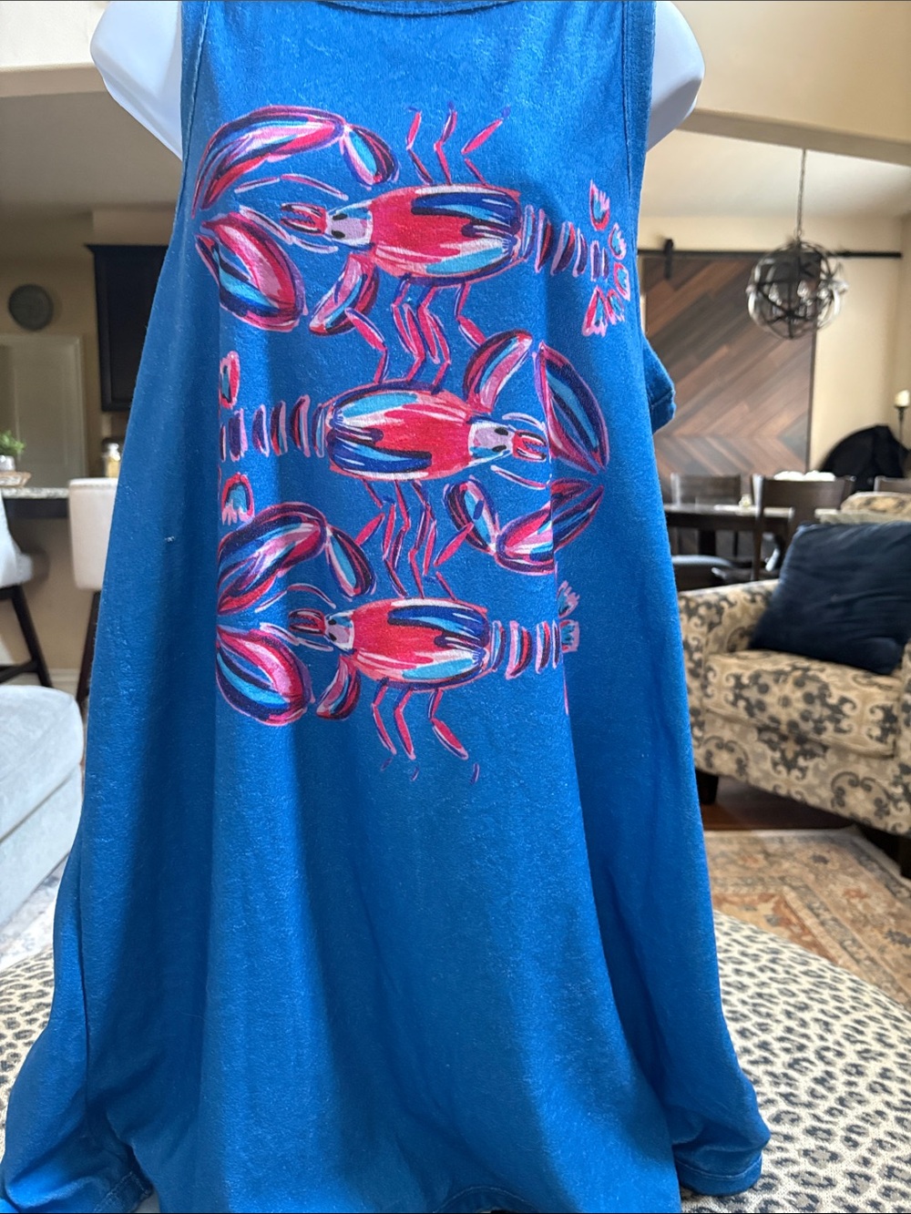 Bright Blue Women's Tank Top with Pink Lobster Motif